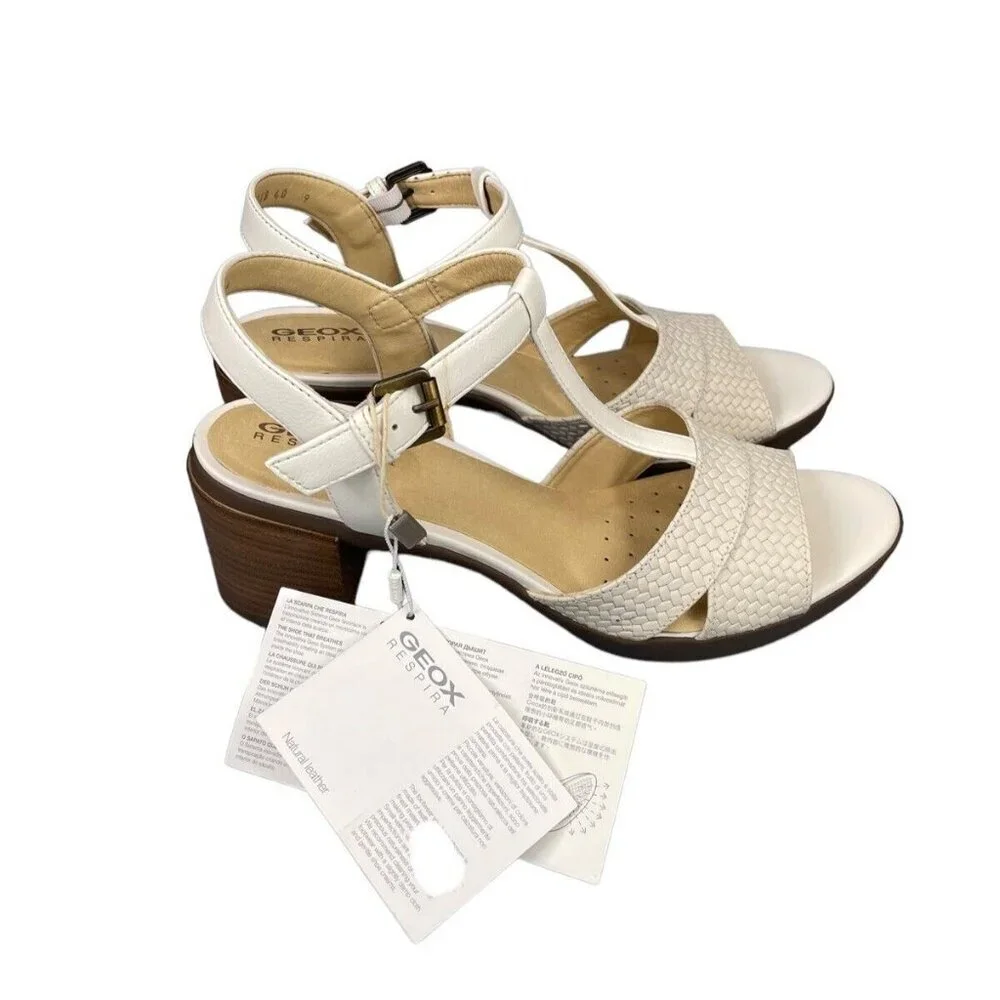 Geox Annya Mid Sandals Block Heel T Strap White SZ 40 EU 10 US NIB